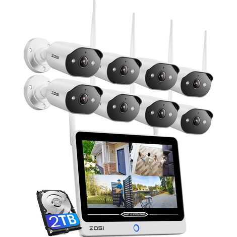 Sistema de cámaras de seguridad, resolución 2K, monitor LCD de 12", detección de personas con IA, seguridad para interiores y exteriores, 8 cámaras de 3 MP, 2 TB de almacenamiento. (1/2)