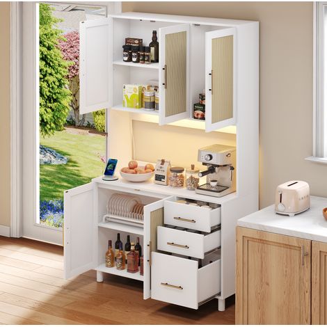 Credenza bianca LED con Bluetooth, 2 porte USB, 2 prese elettriche, ripiani, 3 cassetti e maniglie dorate (1/5)