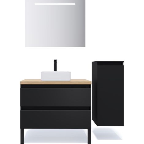 Meuble de salle de bain suspendu vasque à poser 90cm 2 tiroirs Noir + miroir + colonne ouverture droite - Hudson (1/5)