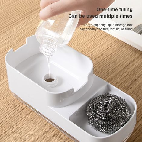 Version blanche améliorée avec distributeur à bouton-poussoir pour liquide vaisselle, mousseur pour liquide vaisselle, tampon à récurer, brosse de nettoyage et distributeur de savon à bouton-poussoir. (1/5)