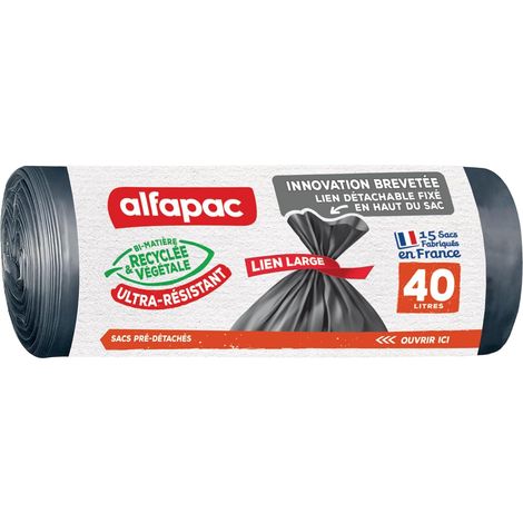 Sacs Poubelle 40L - Lot de 15 - Bi-matière Recyclée et Végétale - Fermeture à Lien Large - Pour Cuisine et Bureau - Noir 65x71cm (1/5)