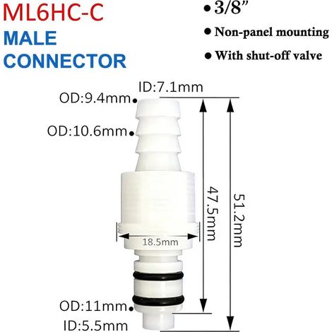 (ML6HC) Raccord de déconnexion rapide pour tuyau, embout cannelé mâle/femelle, vanne, connecteur de tube 1/4, 5/16, 3/8 (1/5)