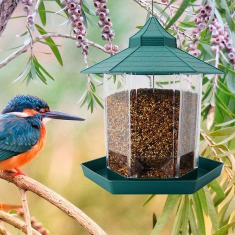 1 Mangeoire à oiseaux hexagonale, plastique robuste, toit incliné, perchoir circulaire, capacité 1,2 kg, jardin, terrasse (1/5)