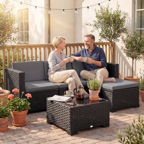 Ensemble de Jardin Modulaire en Osier 5 Pièces avec Coussins, Canapé d'Angle Gris (1/5)