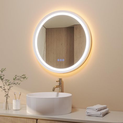 Runder Φ60 cm LED Spiegel mit Alu-Rahmen Doppelbeleuchtung Touch Steuerung Antibeschlag Speicherfunktion Schutzklasse IP44 und modernes Schrägdesign Weiß (1/5)