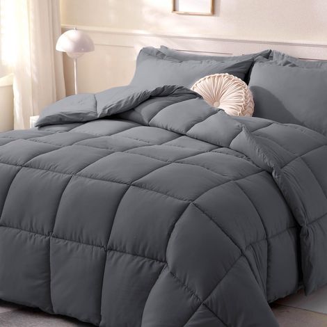 Couette pour Grand lit, Gris foncé, Toutes Saisons, Couette légère en Duvet avec languettes d'angle (Gris foncé, Grand lit, 223,5 x 233,7 cm) (1/5)