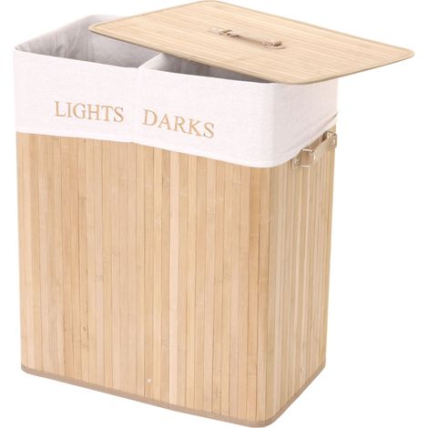 [NUNCA USADO] Cesto para ropa sucia HHG-153, Caja para ropa sucia Cesto para ropa sucia, Bambú 2 compartimentos 63x55x34cm 100l, color natural