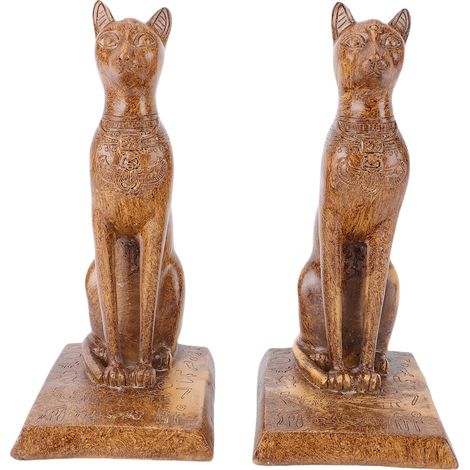 1 paire serre-livres décoratifs étagères avec base antidérapante – Bureau maison déco chat égyptien couleur bois (1/5)
