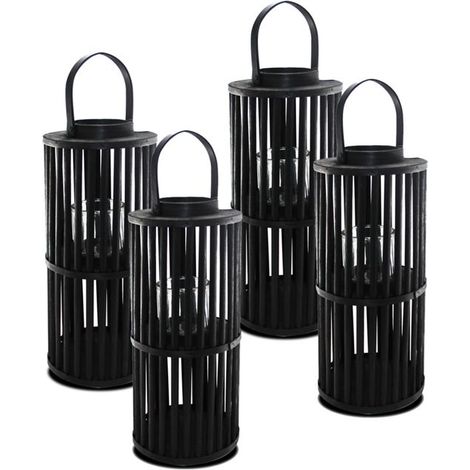 Lanterne photophore - JUANIO - Lot 4 - Bois massif noir - Photophore intégré - Cylindrique 24 x 64,5 cm (1/3)