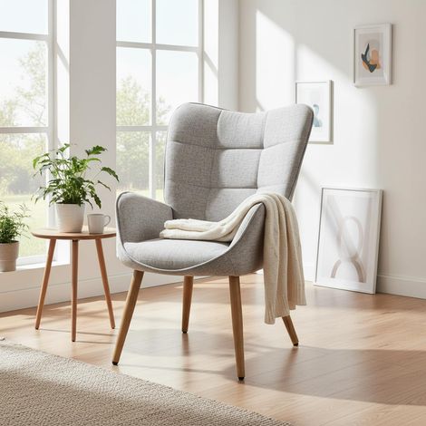 Meuble Cosy Fauteuil Scandinave Tissu Doux pour Lecture, Chaise de Salon avec Accoudoirs, Gris (1/5)