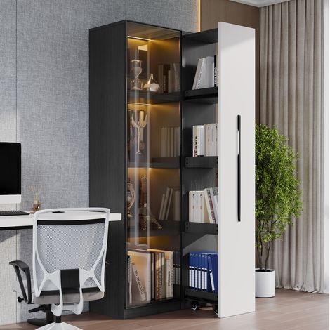 REDOM - Vetrina 70x40x160 cm, frontale in vetro, illuminazione LED integrata, vano laterale, MDF, nero e bianco (1/5)