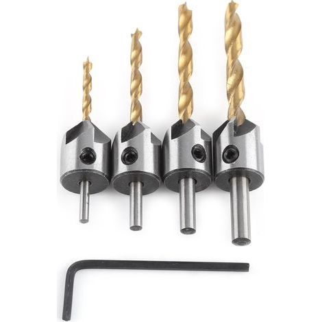 Wood Drill Bit with Milling Cutter, Steel High Speed Wood Drill Bits Conical Wood Milling Cutter with Hex Key Reamer Chamfering Tool (3-6mm (4pcs)) (1/5)