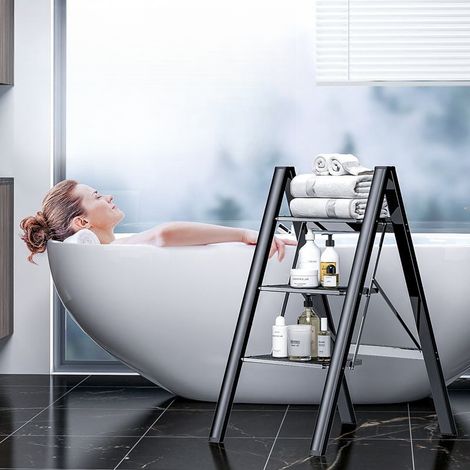 Escalera plegable de 3 peldaños (65x45x82 cm), antideslizante, ligera y compacta, de aluminio, negra (1/5)