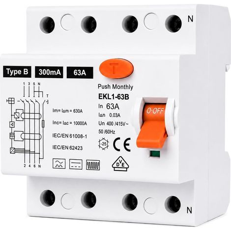 Disjoncteur différentiel FI 63 A 300 mA 4 pôles type B Disjoncteur différentiel sensible Pour boîtes murales et stations de charge Fusible RCD (1/5)
