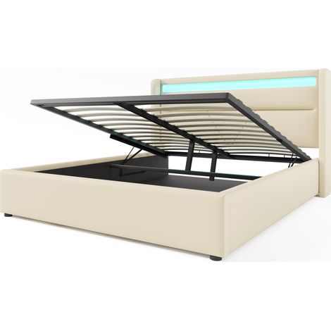 Lit coffre hydraulique 160x200 cm en PU blanc avec bande LED, cadre de lit rembourré HOMVRA (1/5)