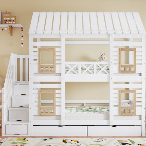 Lit superposé enfant style cabane en bois et MDF blanc+naturel 90x200 cm avec fenêtres, escalier rangement et 2 tiroirs (1/5)