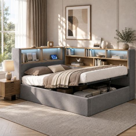 Lit Daybett 140x200 cm avec Coffre de Rangement Hydraulique, Canapé-Lit Rembourré en Velours Gris avec LED, Port USB et Tête de Lit – Idéal pour Chambre à Coucher Moderne (1/5)