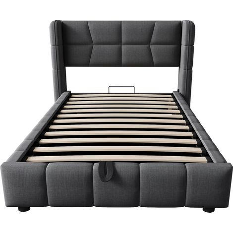 Lit rembourré 90 x 200 cm, lit enfant avec sommier à lattes, tête de lit et système de rangement pneumatique, structure en lin, adapté aux enfants et adolescents, gris (1/5)