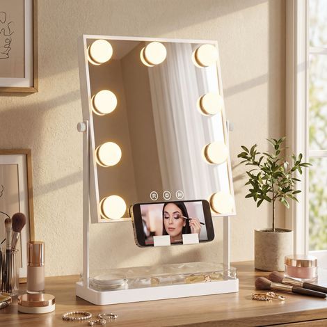 Blanc - Miroir de maquillage Hollywood doté de lumière, 9 ampoules LED 3 couleurs, interrupteur tactile, porte-téléphone