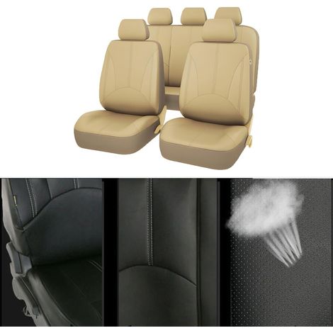 Ensemble de 9 housses de siège auto en cuir, imperméables et respirantes, offrant une protection complète pour les sièges arrière et le tissu beige. (1/4)