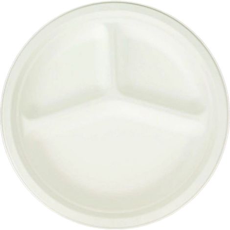 50 assiettes jetables blanches rondes de 25 cm (10 pouces) à trois compartiments, en bagasse durable, idéales pour les fêtes