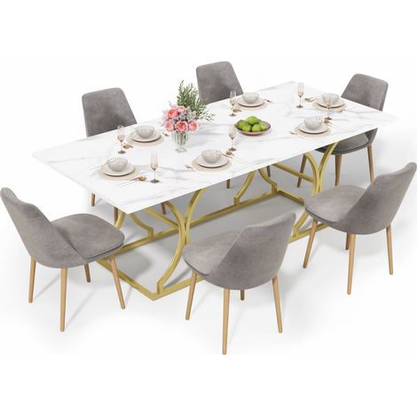 Table à manger 200 x 80 cm style marbre blanc et or, pour 8 à 10 personnes, plateau MDF 2,5 cm, pieds métal doré réglables, idéale salon salle à manger  CHICFURN (1/5)
