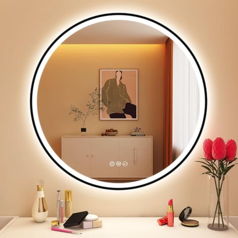 Noire Miroir-Rond-Salle-de-Bain-avec-Eclairage 70cm, Bluetooth, Anti-buée, Miroir-LED avec 3 Couleurs Lumière, Dimmable, Mémoire, IP44, HD Verre Trempé, Cadre Non Métallique (1/5)