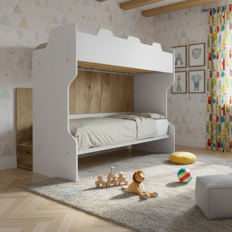 Letto a castello con scala contenitore e terzo letto estraibile - Cameretta salvaspazio - Bianco e Quercia