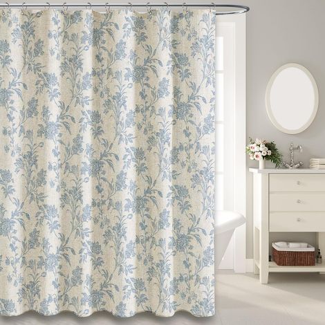 Rideau De Douche - Coton Lin - Motif Floral Bleu - 183 x 183 cm - Pour Salle De Bain (1/5)