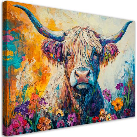 Tableau déco Vache écossaise colorée fleurs 90x60 (1/5)