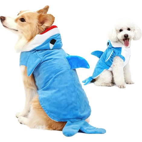 Costume de Requin en Peluche Bleue avec Capuche pour Chien et Chat Vêtement Chaud de Dessin Animé pour Animaux de Compagnie Combinaison Confortable d'Halloween et de Noël (1/4)