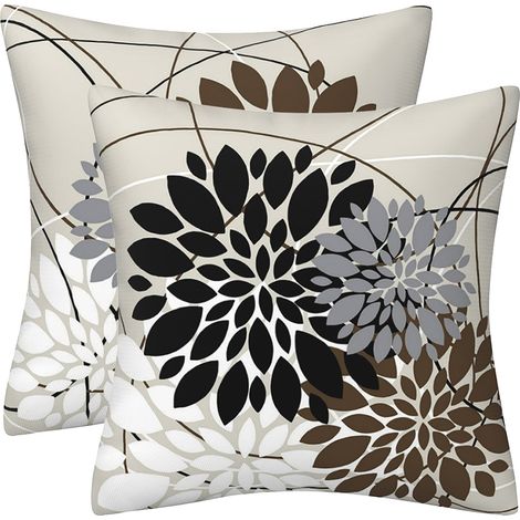 Housse De Coussin - Linen - 45 X 45 Cm - Motif Floral Blanc Gris - Pour Canapé Chambre Salon Extérieur - 2 Pièces (1/5)