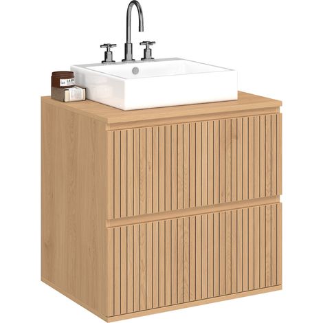 Idmarket – Meuble sous vasque suspendu 60x45x60 cm – 2 tiroirs bois effet lattes – Montage facile – Pour salle de bain moderne