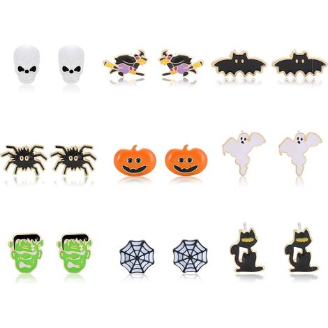 Ensemble de 9 paires de boucles d'oreilles à clous pour Halloween - Motifs toile d'araignée, citrouille, fantôme et chauve-souris, accessoires de déguisement festifs pour femmes, cadeaux pour une tenu (1/5)