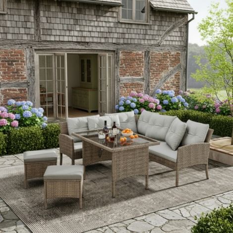Poly Rattan Sitzgruppe Esstisch Lounge Gartenmöbel Sitzgarnitur Garten-Garnitur Set, Gartenlounge für 7 Personen, mit Sofa, Tisch, Hocker & Kissen,abnehmbarer und waschbarer Stoffbezug, Farbe Khaki