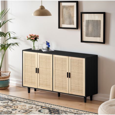 Mueble de almacenamiento de 4 puertas en ratán decorativo, 158 x 40 x 88 cm, negro HAVRYA (1/5)
