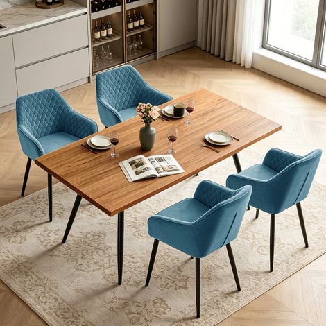 AINPECCA Dining Table and 4 Dining Chairs Set Dining Room Chair Kitchen Home Office(Oak Effect table+4 Teal velvet chairs)