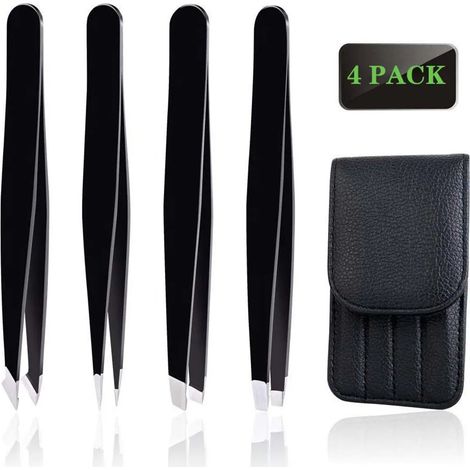 Augenbrauen Pinzetten Set mit Etui (4-teilig) - Verbesserte Spitze - Pinzette Augenbrauen Zupfen - Profi Augenbrauenpinzette mit Anti-rutsch Beschichtung - Zupfpinzette