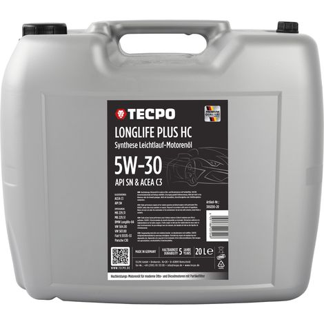 TECPO Motoröl 20 Liter 5W-30 LONGLIFE Plus HC Synthese passend für ACEA C3 / API SN / 504 / 507 / 229.31 / 229.51 / LL-04 / C30