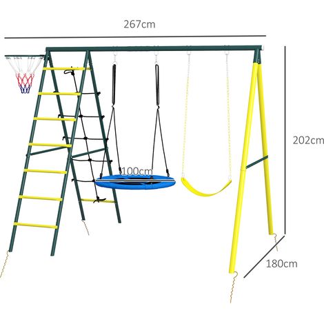 Une balançoire de jardin ronde classique (avec échelle en acier, corde et panier de basket). Convient aux enfants de 3 à 8 ans. (1/5)