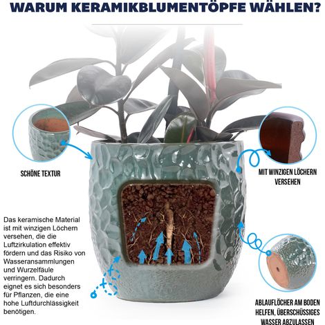 Handgefertigter Keramik Pflanztopf-Set 4-teilig (Ø38/30/22,5/18 cm), glänzendes Dunkelgrün mit rundem Hammerschlag-Relief, atmungsaktiv, frostsicher, mit Ablauflöchern für Innen, Balkon und Garten (1/5)