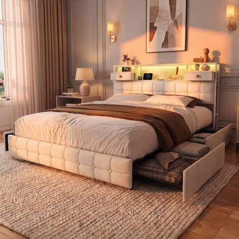 Lit avec tiroirs 160x200 cm avec sommier à lattes - lit adulte avec 4 tiroirs de rangement et tête de lit usb led - style moderne en tissu beige (1/5)