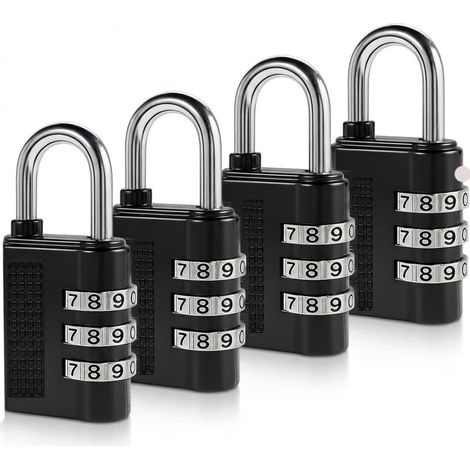 Lot de 4 cadenas à combinaison à 3 chiffres, noir, très résistant, réinitialisable, pour casier de gym, valise, bagages, portail, boîte à outils (1/5)