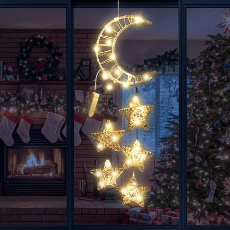 Guirlande lumineuse lune et étoiles - Décoration de Noël - En rotin - Avec 6 LED - Blanc chaud - Décoration de fenêtre - Éclairage de Noël - Pour la Saint-Valentin (1/5)