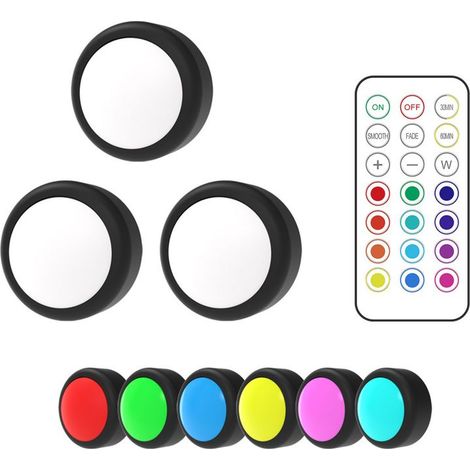 Lot de 3 lampes rondes avec télécommande, éclairage LED à couleurs changeantes pour sous-meuble, fonctionnant sur piles, à coller sous comptoir. (1/5)