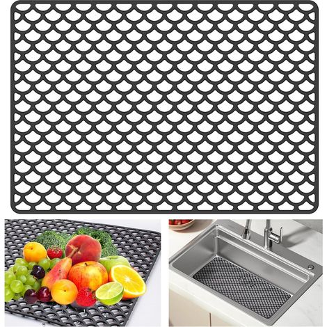 Tapis d'évier, 46 x 31 cm tapis d'évier de cuisine, base d'évier antidérapante pour l'absorption antidérapante des chocs pour la vaisselle, les lunettes et les légumes (noir) (1/5)