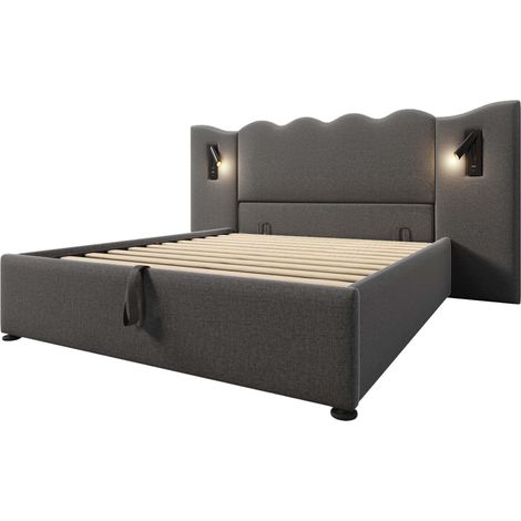 Lit double 160x200 en lin gris avec lampe de lecture et charge USB-C, lit coffre avec sommier (1/5)