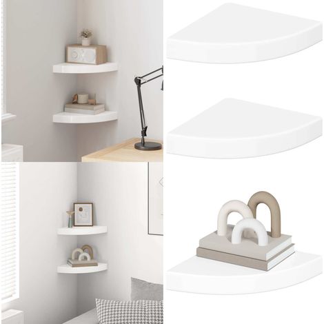 Étagères d'angle flottantes 2pcs blanc brillant 25x25x3,8cm MDF - Etagere Murale - Étagère D'angle - Étagère Flottante - Décoration Murale - Rangement Mural - Home & Living (1/5)