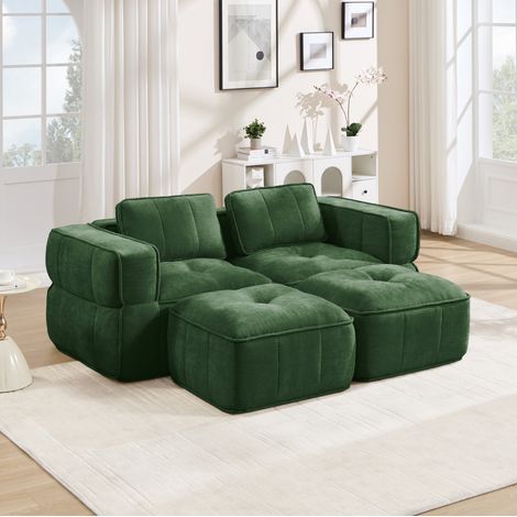 Divano 2 posti con 2 pouf 198x162x67 cm in tessuto verde modulare FloraGrace (1/5)