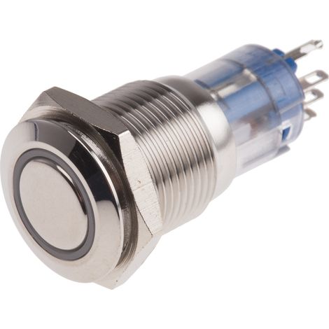 Bouton-poussoir, Momentané lumineux, LED Blanc, Unipolaire à deux directions (1RT), 3 A @ 250 V c.a., Chrome, Montage ( Prix pour 1 ) (1/2)
